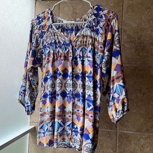 Tucker NYC The Classic Silk Blouse Geometric Abstract Print Smocked Top